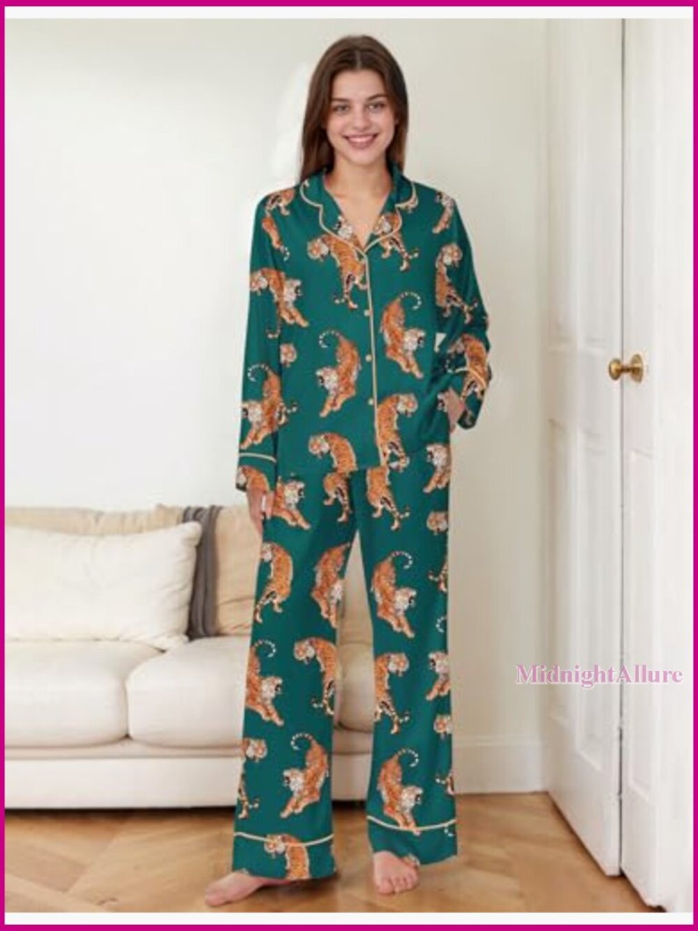 Women's Satin Pajama Set Long Sleeve Button Down PJs 2 Piece Lounge Set - Picture 3 of 7